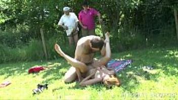 Two elderly men are voyeurs that my girlfriend makes cum.