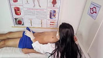 The nurse induces a really difficult erection in the patient.