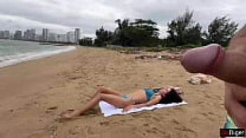 Cock flashing in public on the beach, Baby, can I cum on your tits?