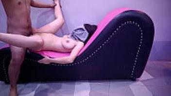 Chinese horny girl having sex in a sex chair