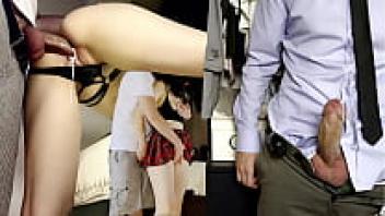 While the wife gets creampied during standing sex, the voyeur husband secretly jerks off.