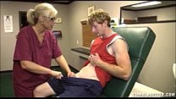 A blond nurse takes a shower with cum.