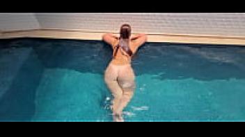 At the Beach House, a Busty Stepsister with a Big Ass Masturbates and Jumps in the Pool!