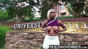 Cute Freaky American Sheisnovember Mooning Juicy Booty at University, Flashing Huge Brown Boobies Outside, Pulling Up Shirt With Big Tits And Erect Plump Nipples Are Hard Then Pull Down Shorts