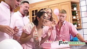When the stepdaughter turns eighteen, the stepfamily gives Gang Bang.