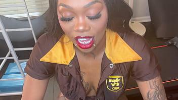 She receives a box in her hands after delivering one.