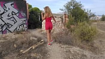 In an abandoned building, a horny MILF with exquisite ass and tiny tits is making love. OUTDOOR LOVE: REAL POV (whole video in red)