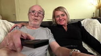 Blonde posh cougar has group sex while grandfather watches.